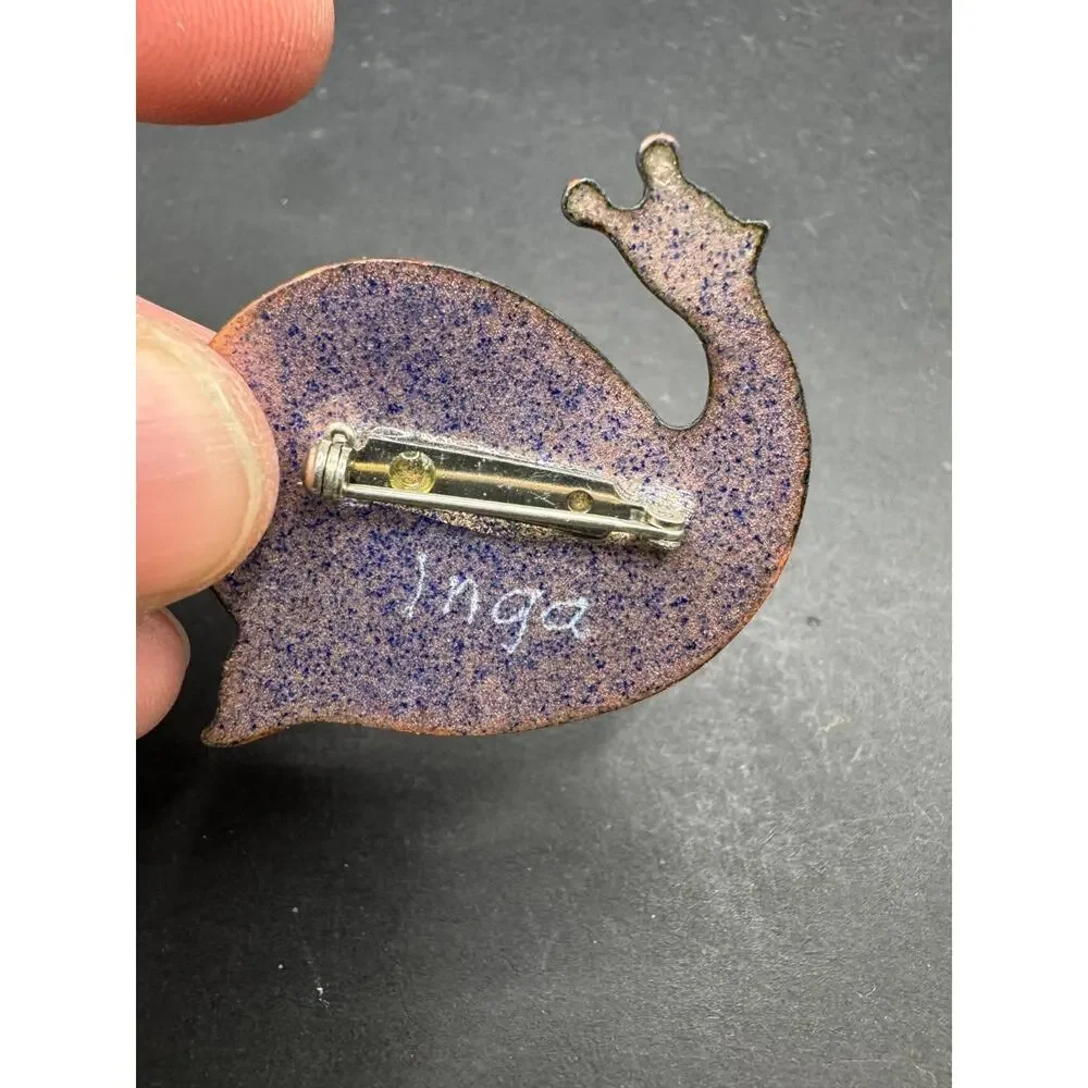 Inga Carlson Mid Century MCM Enamel Snail Brooch Signed Vintage Jewelry